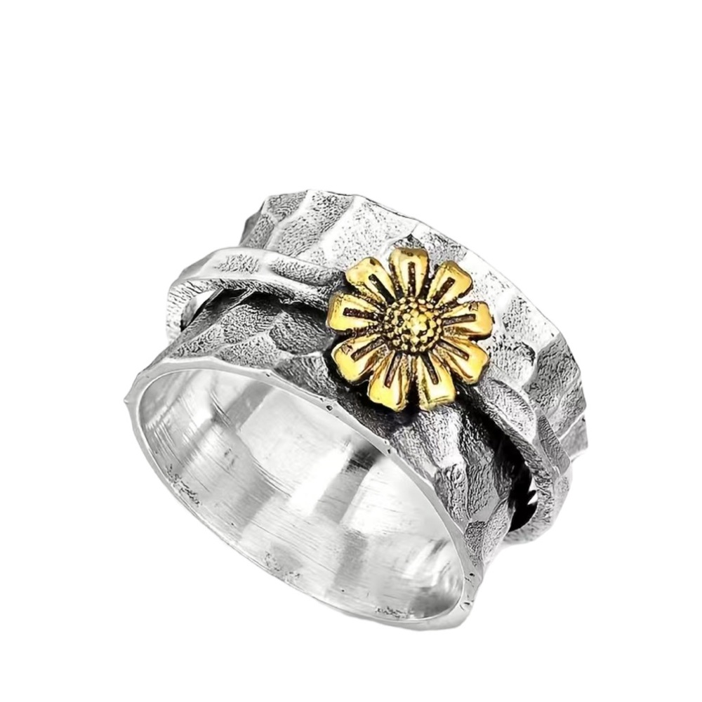Boho Hammered Silver and Gold Flower Twist Ring